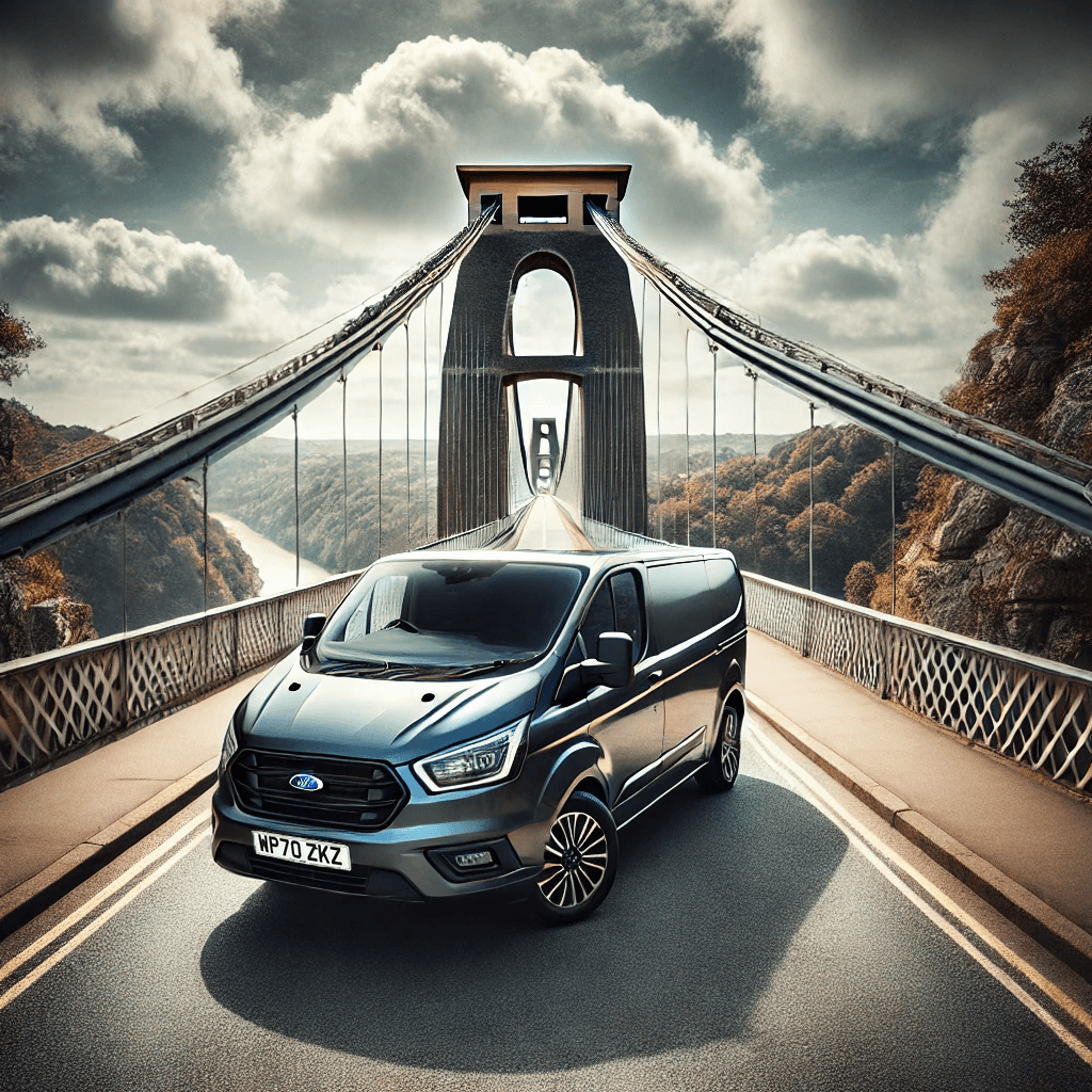 Ford custom van parked on Clifton Suspension Bridge with a scenic background